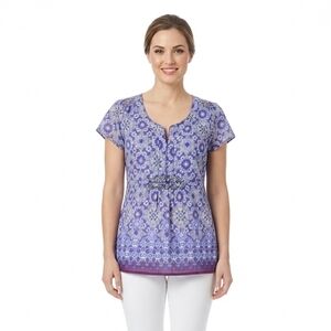 Eddie Baurer Bohemian Mosaic Print Purple Blouse Short Sleeve Cotton Sz M